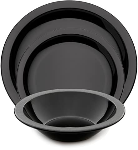 Harfield 3 Piece Tableware Set Dining Plates & Bowl Virtually Unbreakable Reusable Polycarbonate (Black)