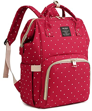 WSLCN Wickelrucksack für Babys, multifunktional, wasserdicht, mit Wickelunterlage, 2 Kinderwagengurten, Flaschentasche, Reisetasche, Roter Punkt, One size