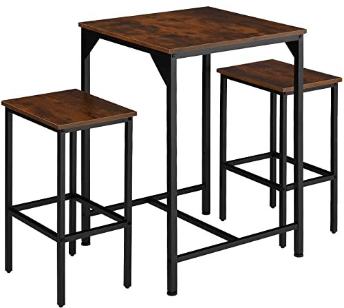 tectake® Bartisch Set 3-teilig, Stehtisch mit 2 Barhockern, Industrie-Design, 60 x 60 x 91 cm, Vintage Tischset mit Bistrotisch + Hocker, schwarzes Metallgestell (Industrial Dunkelbraun)