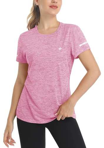 TACVASEN Damen T-Shirt Atmungsaktiv O-Neck Schnell Trocknend Stretch Kurzärmelige Angeln Wandern Fahrrad mit Rundem Ausschnitt (L, Rosa)
