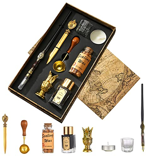 Joyeee Artist Dip Pen with Ink, Wooden Dip Pen, Bottle Sealing Wax Beads, Tea Candle, Glass Cup, Gold Letter Opener, Wooden Pen Holder and Wax Seal Spoon, Teacher Gift Box for Women Men…