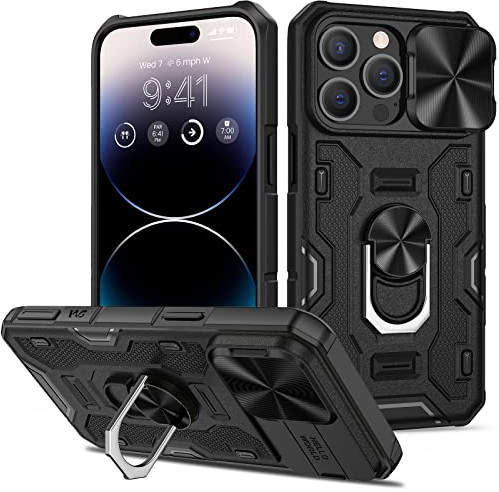 Doeshine for iPhone 14 Pro Max Case with Kickstand & Slide Camera Cover, Built-in 360° Rotate Ring Stand Magnetic, Heavy Duty Shockproof Protective Cover for iPhone 14 Pro Max 6.7 (Black)