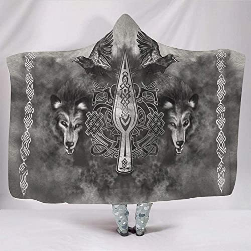 YEOL Wikinger Odins Decke mit Kapuze Weich Wohndecke Schlafdecke Sofadecke Plüschdecke Pelzdecke Wearable Nordisch Mythologie Sherpa Blanket (Odin Rabe Zwei Wolf, Kind 130x150cm)
