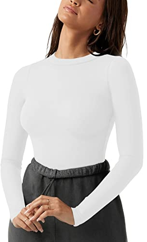 REORIA Women's Fall Fashion Crew Neck Double Lined Long Sleeve One Piece Fitted Tight T Shirts Leotards Bodysuits Tops For Going Out White Small