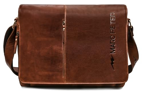 Marc Peter® Bergen leder Umhängetasche für Herren Damen | 15.6 Zoll Laptoptasche | Aktentasche aus echtem Büffelleder Rustikale Bräune