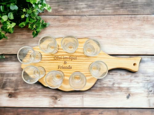 Sevierbrett für 8 Schnapsgläser, Schnapsbrett, Schnapsglasträger aus geflammten Kiefernholz inkl. Wunschgravur, ein originelles Geschenk