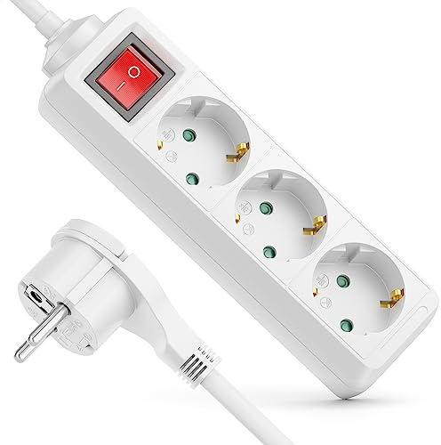 deleyCON 3 Fach Steckdosenleiste mit Flachstecker & EIN/AUS Schalter Mehrfachsteckdose Stromleiste für Innenbereich 3,0 m Kabel Flachkontakt-Stecker Robustes Kunststoffgehäuse Weiß