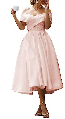 Robes de bal pour femmes, robe de soirée en satin avec épaules dénudées, robe de mariée, robe d'invitée de mariage avec poches, rose poudré, 40