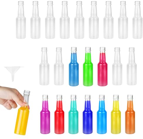 DBREAKS 24 Stück Mini Fläschchen, 100ml Kleine Likörflaschen zum Befüllen, Wiederverwendbare Leere Kleine Schnapsflaschen, Kunststoff Saftflaschen mit Deckel und Trichter