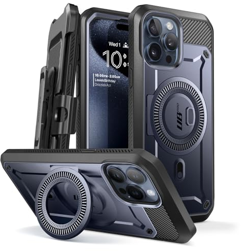 SUPCASE Schutzhülle für iPhone 15 Pro (2023) 6,1 Zoll, kompatibel mit MagSafe, Rundumschutz, robust, stoßfest [UB Pro Mag] mit Displayschutz, Ständer, Gürtelclip (montiert)