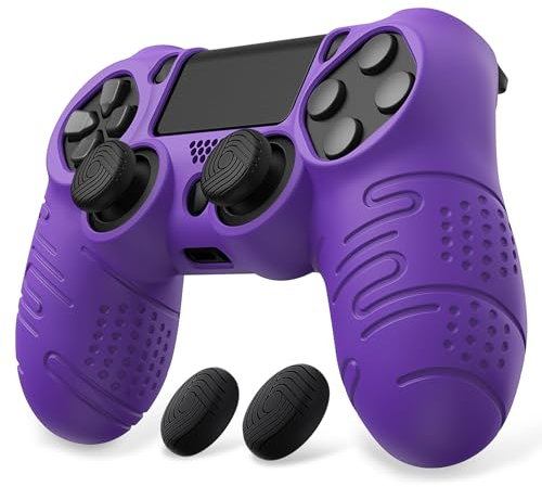PlayVital Line & Dot Funda de Silicona para ps4 Control Accesorios Protectora Antideslizante con Tapas para el Pulgar Agarre Grip Caps para ps4 Slim para ps4 Pro Mando(Violeta)