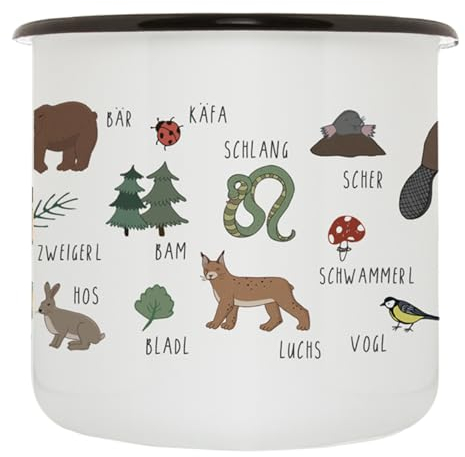 WOIDKINDⓒ Emaille Tasse bunt mit bayerischen Waldtier Motiven, Vintage Design, Made in Europe, Kinder, Abenteuer, Wald, 390ml
