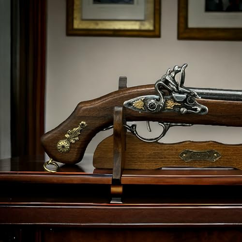 Steinschloss Pistole Mit Ständer oder Perkussions Pistole Holz und Metall Deko Waffen Replik LARP Reenactment historische Dekoration für einen Sammler oder Geschenk für Mann schießt Nicht (W159)