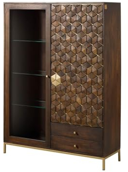Massivmoebel24.de | Diamond Highboard im Art déco Stil aus Massivholz #217 | Mangoholz - braun geölt | 120x40x165 cm | 7 Fächer, 2 Türen, 2 Schubladen | Hochschrank breit