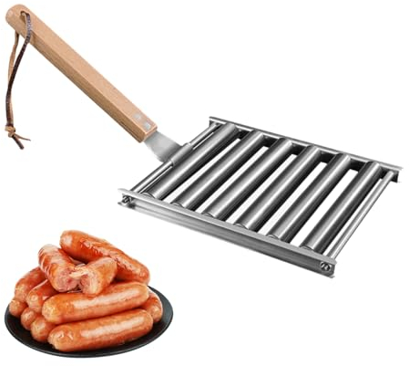 VANEME Hot Dog Roller, Edelstahl Rollwurst & Fleischbällchen Grillrost mit langem Holzgriff – 5 Hot Dog Kapazität für gleichmäßig gekochte Hot Dogs – unverzichtbares Grillwerkzeug für Grillen im