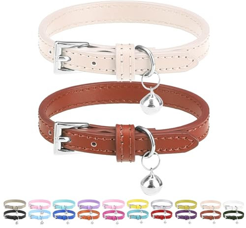 PUPTECK 2 Stück Katzenhalsband mit Glocke aus weichem Leder, verstellbar für Katzen, Kitten & Welpen. Ideal als Kittenhalsband oder Welpenhalsband, Beige&Braun