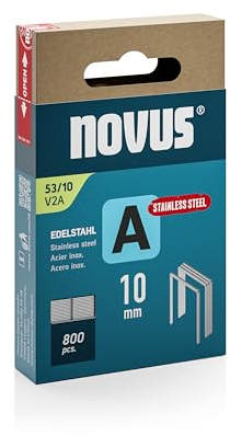 NOVUS TOOLS Feindrahtklammern 10 mm aus Edelstahl, 800 Tacker-Klammern vom Typ 53/10, für dauerhaften Außeneinsatz, Schiebeschachtel, Heftmittel für Stoffe, Gewebe und Maschendraht