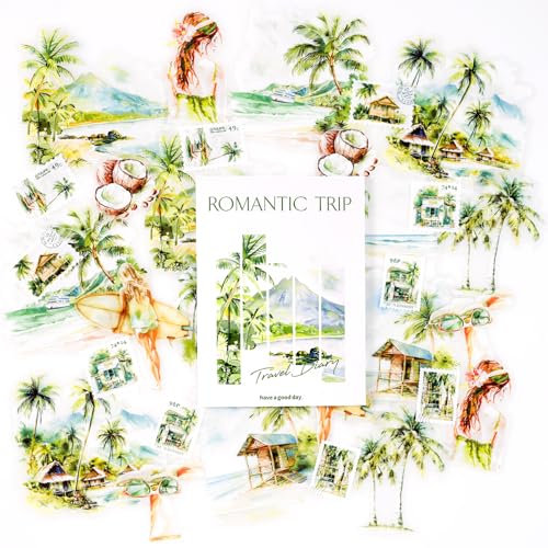 30 Stück Romantische Reise-Aufkleber, PET Transparente Seaside Landschaft Aufkleber für Scrapbooking, Junk Journaling