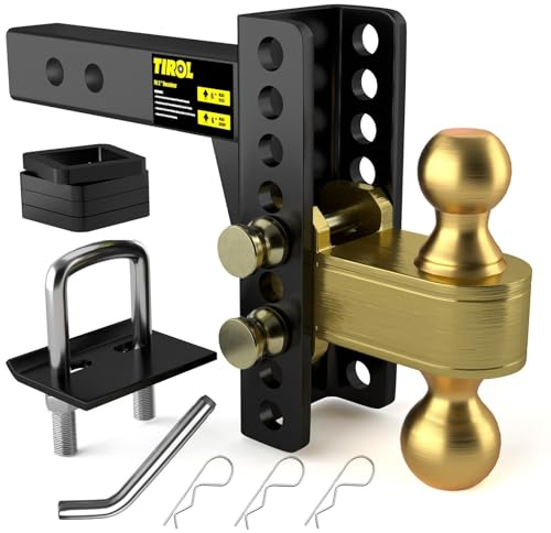 TIROL Gancio di Traino Regolabile - Compatibile con Ricevitore da 5 cm (2), Gancio a Caduta/Alzata da 15,2 cm (6), Sfere da 5 cm (2) e 6,35 cm (2-5/16), Doppia Sfera, Capacità 11340 KG - Gancio di