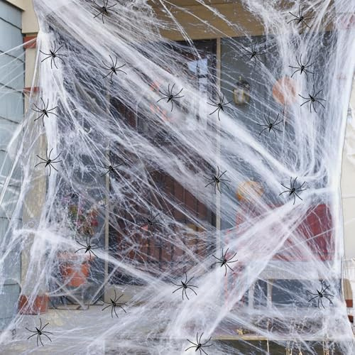 Kinwers 300g Spinnennetz Halloween Deko für Innen Außen 60 Deko-Spinnen | dehnbares Spinnennetz mit kleinen schwarzen