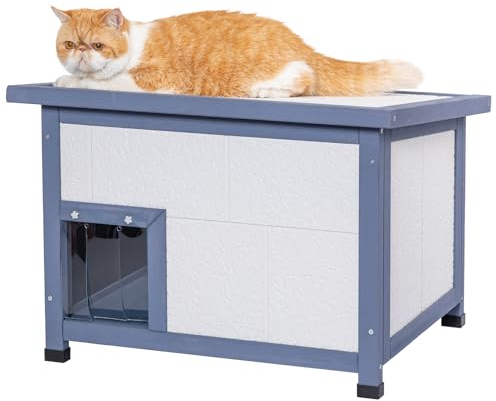 Petsfit Katzenhaus Outdoor Winterfest Isoliert mit Wärmedämmschicht & 5cm hoch Füßen, Katzen Haus für Draussen Winter, einfache Montage/Reinigung durch offenbares Dach
