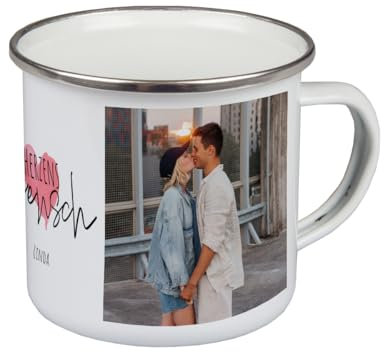 ORWO – 300 ml Emaille-Tasse bedrucken und mit Foto personalisieren | robuste Blechtasse | Emaille-Becher mit Namen | hochwertiger Druck: handmade in Germany (Herzensmensch)