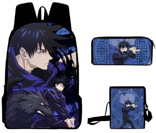 Jiumaocleu JJK Rucksack, Gojo, Satoru, Schultasche, Umhängetasche, Federmäppchen, Anime-Figur, Geto Suguru, bedruckt, Schultasche, Büchertasche, Tagesrucksack, 3-teilig, Fushiguro Megumi, M
