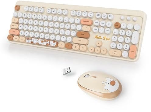 SbocKeeb Brown Keyboard and Mouse Wireless, American QWERTY Cute Typewriter Wireless 2.4GHz Colorful Full Size Keyboard with Number Pad, for Windows PC Laptop Bear Beige