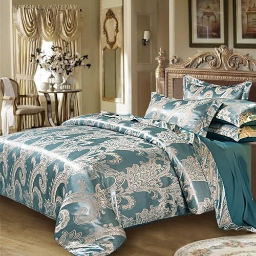 Gezu Bettwäsche 220x240cm Grün Türkis Satin Jacquard Bettbezug Set Stickerei Blumenmuster Wendebettwäsche Set Gold Microfaser Seide Luxuriös Modern Bettbezug 220x240cm Deckenbezug mit Reißverschluss