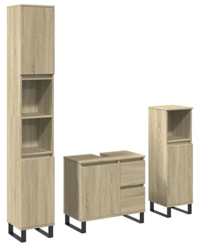 vidaXL 3-TLG. Badmöbel-Set Sonoma-Eiche Holzwerkstoff, Badmöbelset, Badezimmerschrank, Badezimmer Hochschrank, Badmöbel, Badezimmer Unterschrank