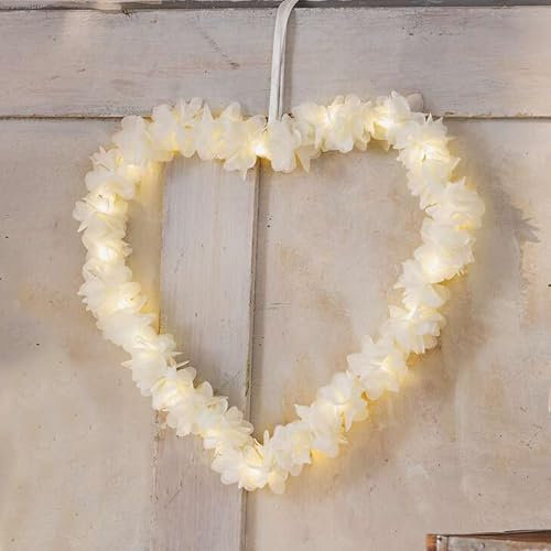 LED-Hänger Blütenherz, Textil, Creme, Metallrahmen, Satinband, 20 warmweiße LEDs, batteriebetrieben, An-/Aus-Schalter Maße: Ø 30 cm, ohne Batterien, nur für den Innenbereich geeignet