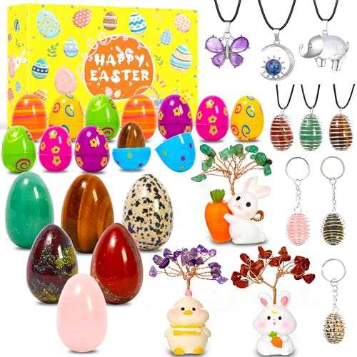 Echehi 12 Stück Ostergeschenke, vorgefüllte Ostereier mit echten Kristall- und Steineiern, Osterschmuck, Kristall-Halsketten, für Ostereiersuche, Oster-Partygeschenke, pädagogische Ostergeschenke für
