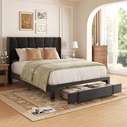 viplov King Size Bed Frame, Upholstered Platform Bed with Tufted Headboard & Wing Side and Storage Drawers, Wood Slat Support, Mattress Foundation, No Box Spring Needed, Black