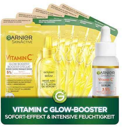 Garnier Vitamin C Glow-Booster: 5 Tuchmasken für den Sofort-Effekt & intensive Feuchtigkeit + Serum zur Verbesserung des Hautbilds - Reduziert Pigmentflecken, verfeinert Poren & sorgt für Strahlkraft!