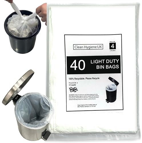 4L Bin Bags 40 Count Extra Large Waste Pedal Bin Liners Small 4 Liter Trash Bags For Toilet Bedroom Bathroom Hotels Garbage White Refuse Rubbish Sacks 4 Litre Light Duty