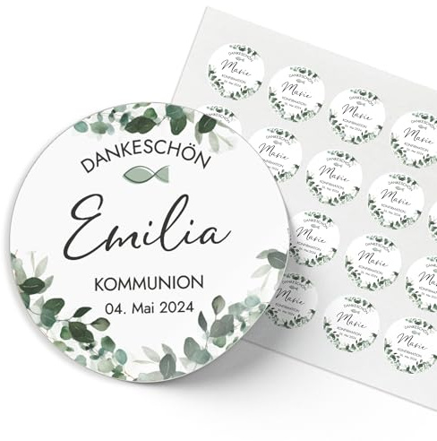 Mimi und Anton KOMMUNION 24x Aufkleber personalisiert mit deinem Wunschnamen | 24x Sticker rund 4 cm | Kommunion Deko Sticker | Eukalyptus Greenery