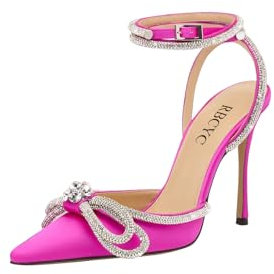 RBCYC Sandalias de tiras para mujer con lazo y correa al tobillo, sandalias de diamantes de imitación tacones de aguja hebilla punta cerrada zapatos de tacón alto para fiestas bodas, fucsia, 42 EU
