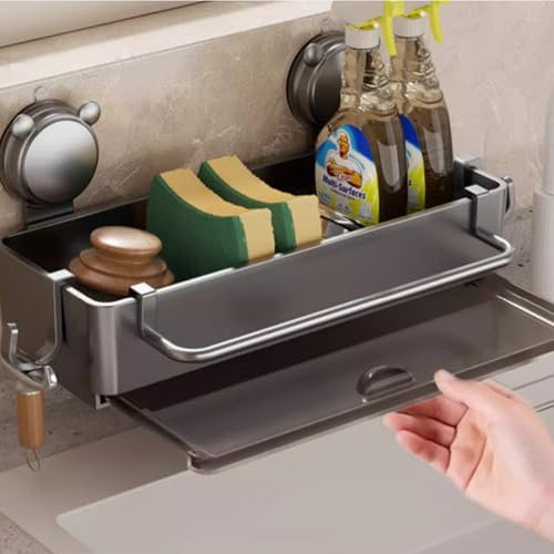 HASA zone Porte-éponges pour évier de cuisine avec ventouses sans traces, en plastique, porte-éponge de cuisine, lavabo, bac d'échappement, montage mural pour accessoires de cuisine (gris)
