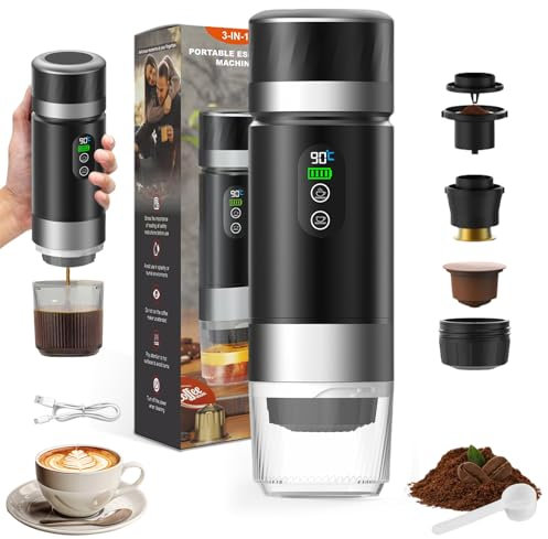 Vtizikl Portable Coffee Machine, 3-in-1 Travel Espresso Machine, Compatible with Small & Large Capsules, Ground Coffee, Self-Heating, USB-C, Ideal for Camping, Office & Home (Black)