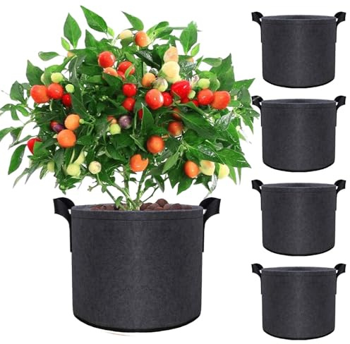 Lot de 5 sacs de culture extra larges de 59 litres – Pots de fleurs en tissu non tissé épais pour arbres fruitiers, arbustes, légumes et grandes plantes – Poignées en nylon robustes réutilisables pour