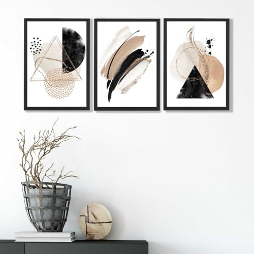 ARTZE Set of 3 Abstract Black and Beige Wall Art Prints Only Size: (A4-21 x 29.7 cm)