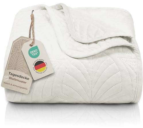 Gräfenstayn copriletto trapuntato matrimoniale 220x240 cm estivo in poliestere – certificato OEKO‑TEX, antigualcitura, decor foglia – elegante coperta letto & sofà (crema)