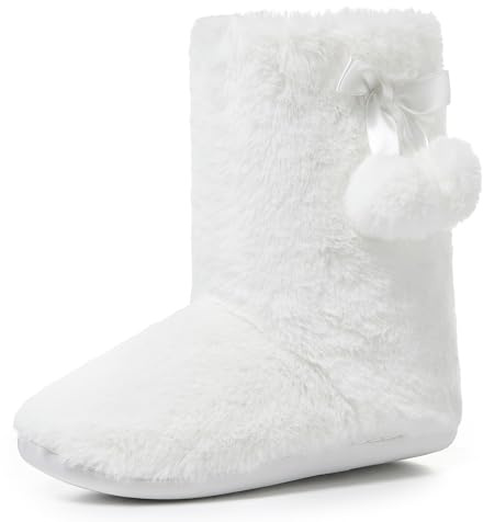 Polar Womens Faux Fur Slipper Boots - Memory Foam Indoor Bootie Slipper with Anti-Slip Rubber Sole - Soft and Fluffy House Slipper with Cute Pompoms - Ankle Boot Slippers