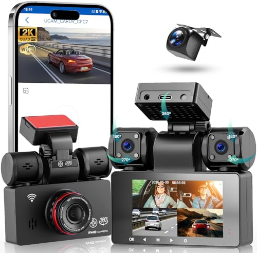 Hodozzy 2K Auto Dashcam 360° mit 5GHz WiFi, 4 Kameras Vorne Hinten, 8 IR-Nachtsicht, 3 Zoll IPS Touchscreen, Loop Aufnahme, G-Sensor, Parken Monitor,Dash cam mit Rückfahrhilfe