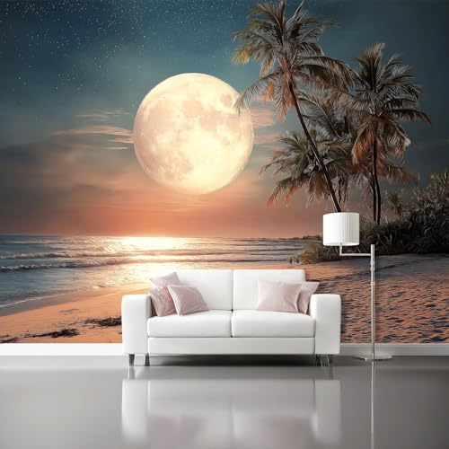 Vlies Fototapete 200 x 140 cm Wandtapete Fototapete Effekt Wanddekoration Romantische Strandlandschaft im Mondschein Essen auf Kopf Wohnzimmer Schlafzimmer Küche Gelb Blau