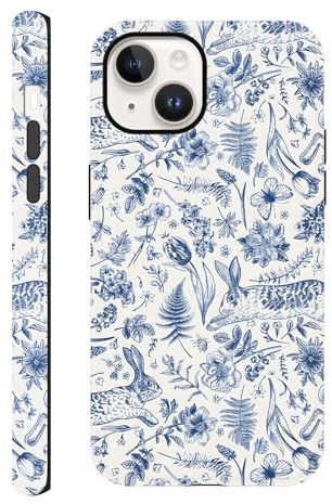 ZhuoFan Handyhülle für iPhone 14 hülle 6,1'', Aesthetic Neutrales Blumen Blau Salbei Garten Frauen Mädchen Muster 2 in 1 Case Silikon Schutzhülle Print Design Bumper Kratzfest Cover, 02