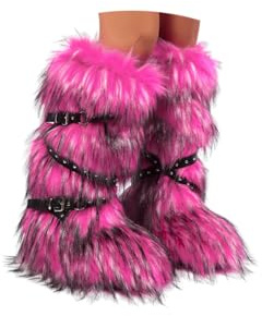 ORANDESIGNE Femme Bottine en Peluche Fourrure Hiver Bottes de Neige Plate Bottines Fourrées Y2K avec Boucle de Ceinture A Rose Rouge 40 EU