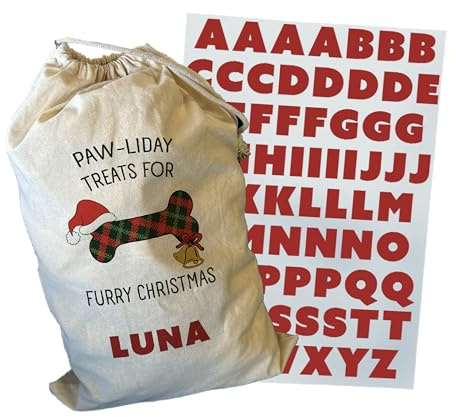 Smartypants DIY Iron-On Transfer Kit for Pet Christmas Sack Personalised Tartan Bone Design Paw-Liday Treats Vinyl Letters to Customise Dog Cat Gift Bag Xmas Stocking