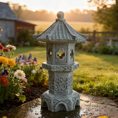 Zen Garden Pagoda Statue Solar Lantern Lights Outdoor Japanese Garden Decor