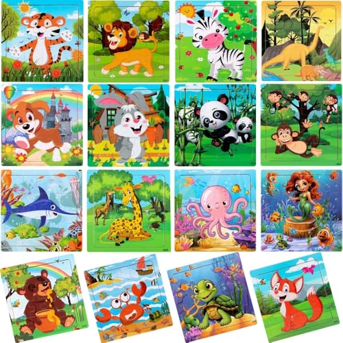 Pack 16 Puzzle Madera de Animales, Rompecabezas Niños 3 a 8 años